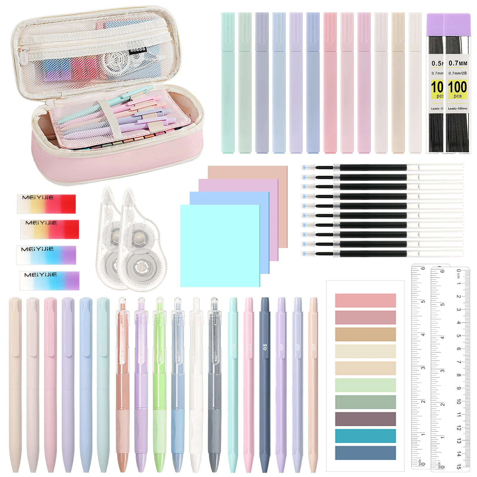 moko-56-pezzi-di-materiale-scolastico-estetico-con-astuccio-per-matite-set-di-cancelleria-carino-per-ufficio-degli-studenti-12-penne-gel-12-evidenziatori-pastello