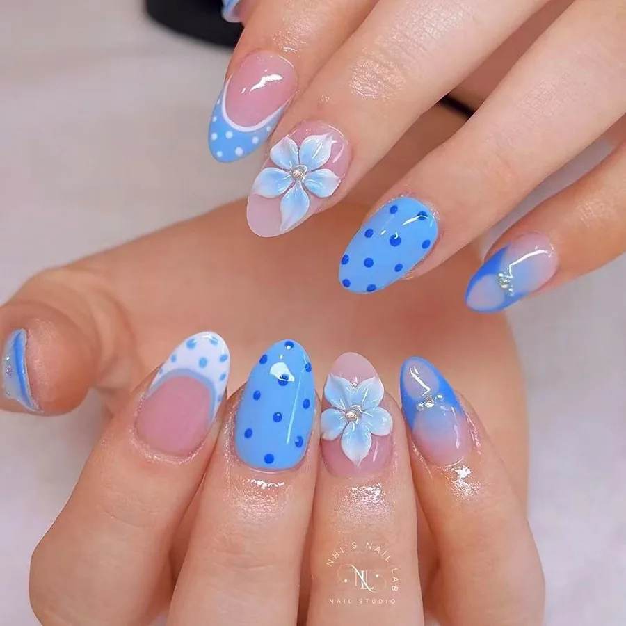 Almond False Nail with 3D Flower Press on Fake Nail Full Cover Wearable Manicure Press on Nails with Polka Dot Nails French Tip