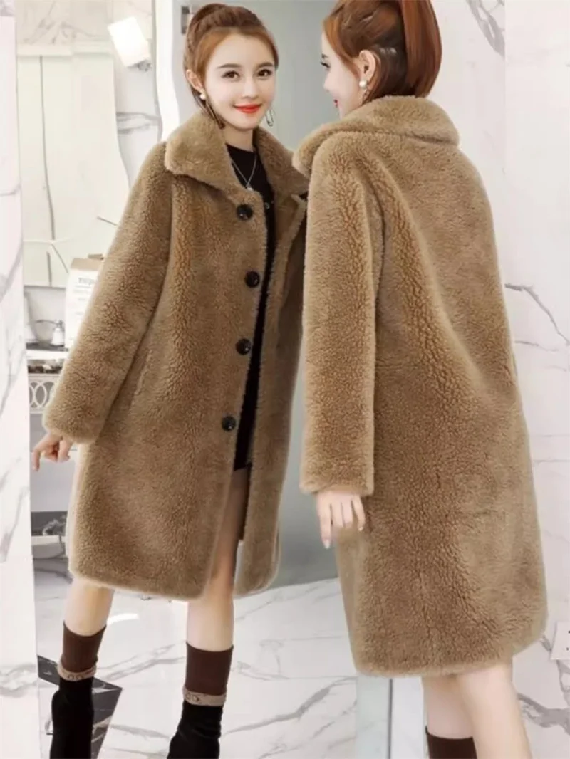 

Sheep Cut Velvet Coat for Women Mid Length 2023 Winter New Loose Fitting and Thickened Lapel Particle Wool Faux Fur Female Coat