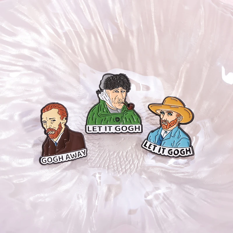 LET IT GOGH Artist Van Gogh Painting Figures Enamel Pins Self-portrait GOGH AWAY Brooches Decoration Lapel Badges Jewelry Gift