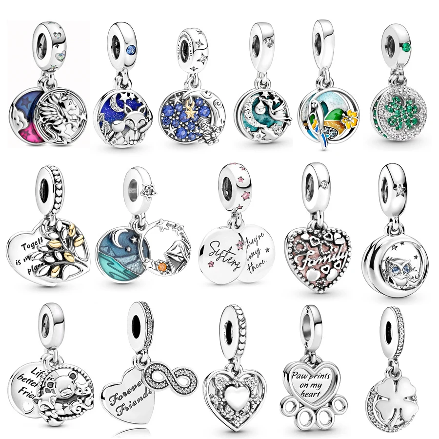 Authentic Jewelry Gift Four Leaf, Forever Sisters & Friends Double Dangle Charms Beads Fit Original 925 Sterling Silver Bracelet