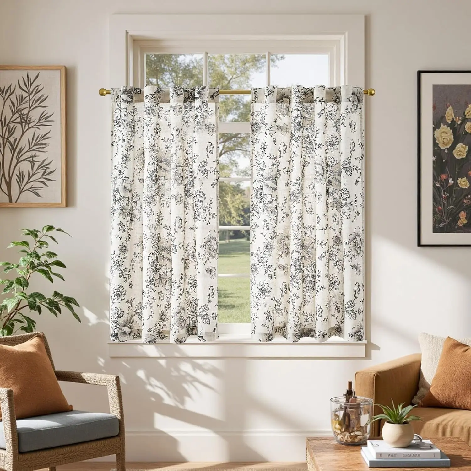 

Linen Floral Tier Curtains 45 Inch Farmhouse Botanic Cafe Curtains Light Filtering Drapes for Small Windows Back Tab Hal