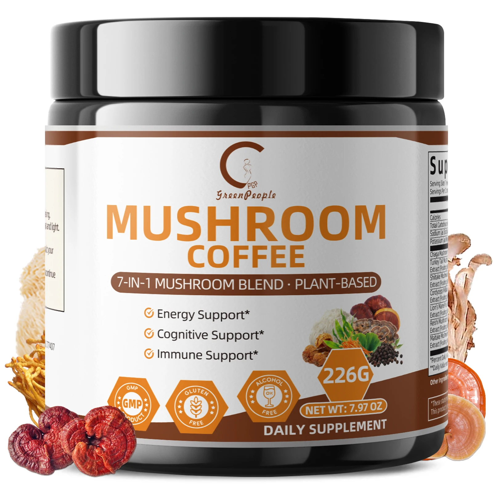 GPGP Greenpeople Lion's Mane Mushroom Coffee Arabica,Chaga,Turkey Tail,Reishi Mental Focus & Cognitive Immune Support