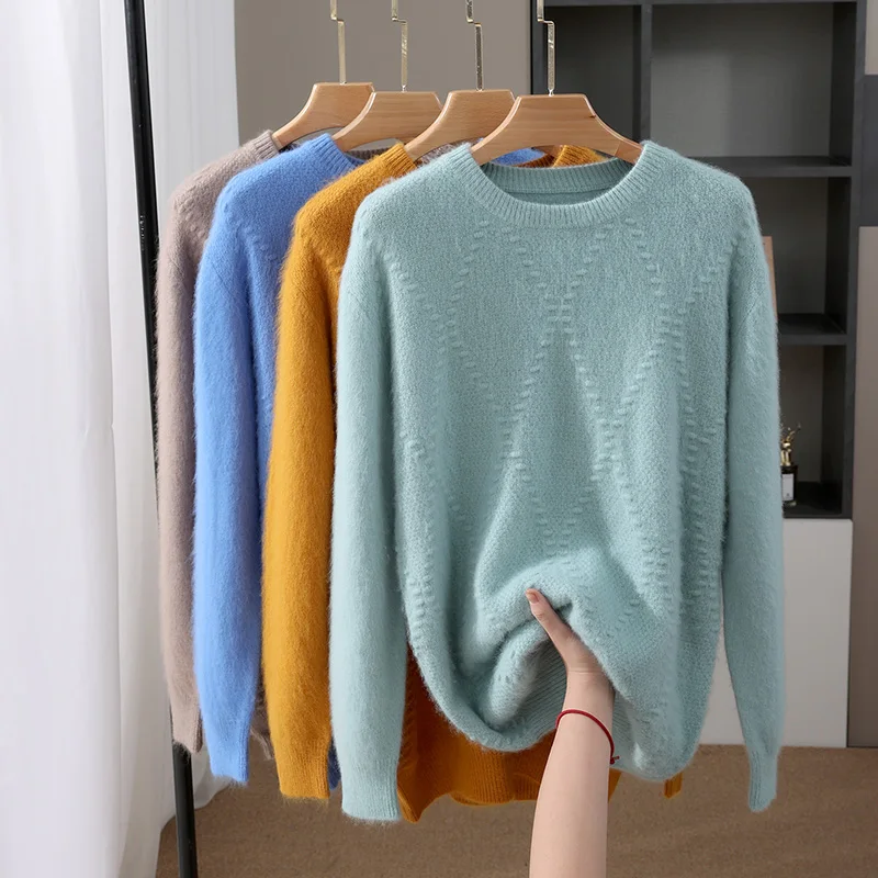 

100% норковый кашемир, осенне-зимний мужской свитер с круглым вырезом, вязаный толстый пуловер высокого качества, умный повседневный кашемировый трикотаж