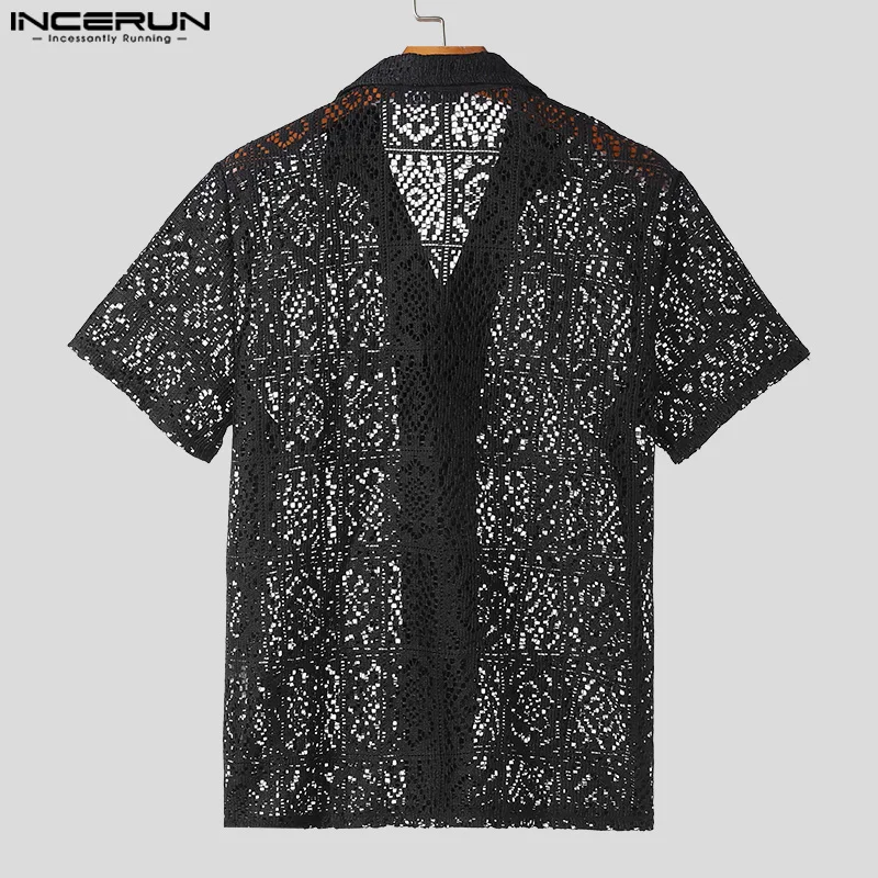 2024 Men\'s Shirt Lace Hollow Out Transparent Lapel Short Sleeve Men Clothing Streetwear Summer Fashion Casual Camisas INCERUN