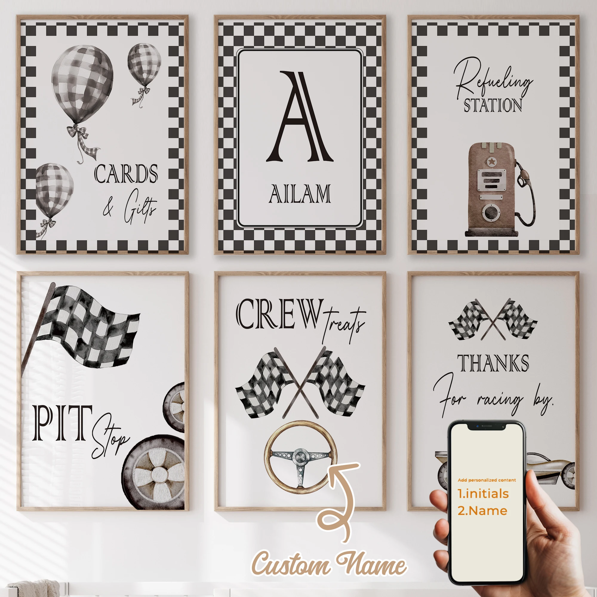 

6pcs Personalized Custom Name Cartoon Child Racing Car Wall Art Print Picture Canvas Poster Painting For Living Room Home Decor