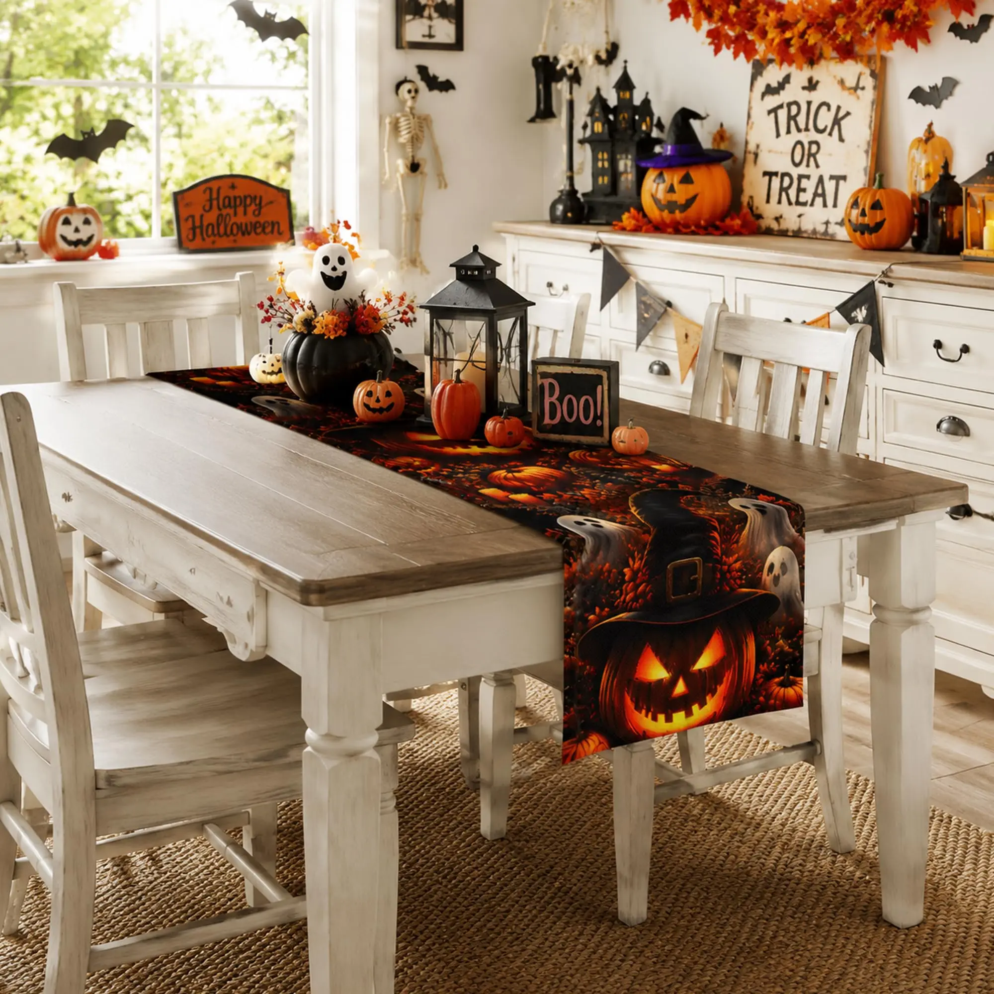 Halloween Table Runner Non‑Luminous, Pumpkin Witch Hat Ghost Candle Maple Leaf Print Table Cloth, Fall Harvest Holiday Dining Ta