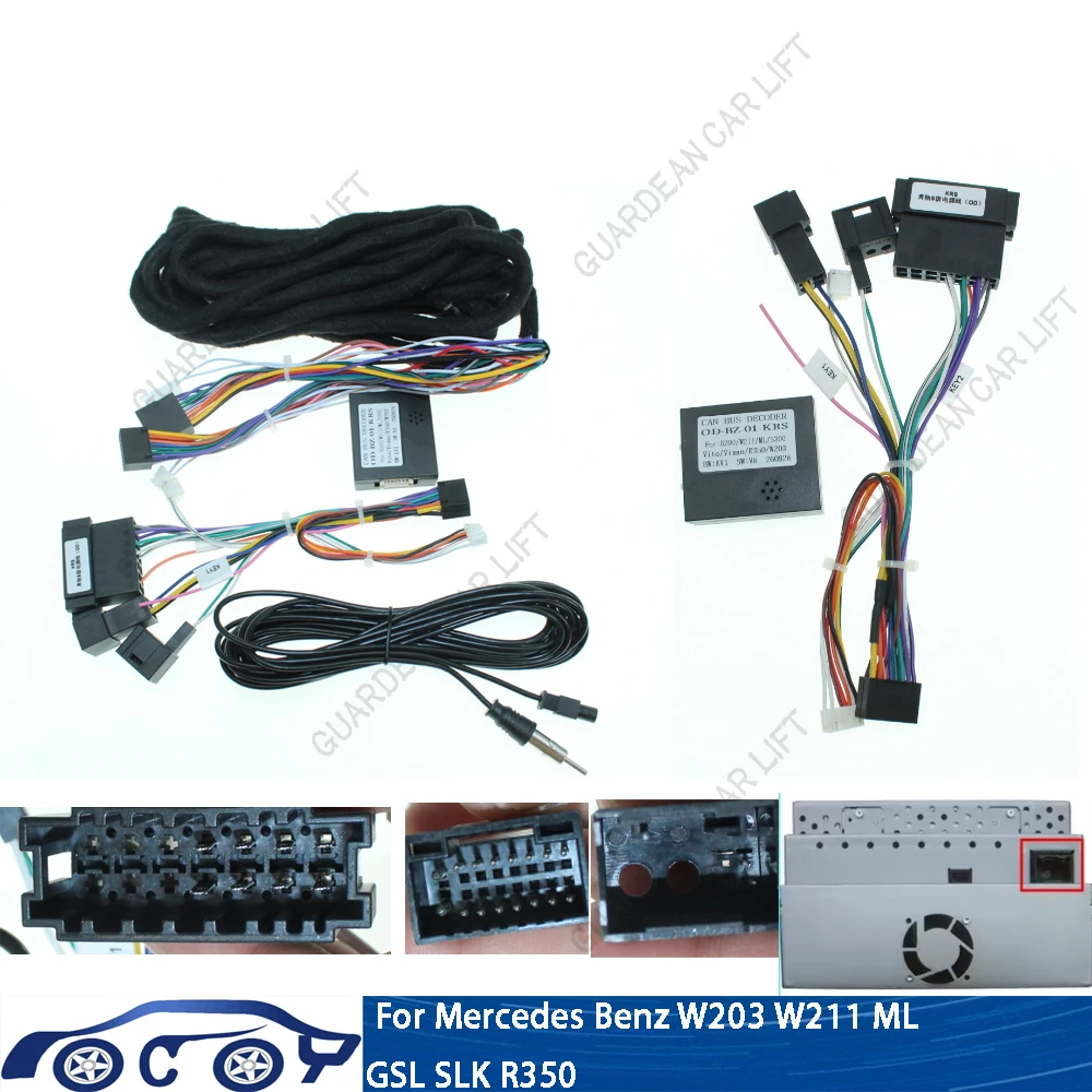 Car Radio CANBUS Decoder Box with Wiring Harness, Steering Wheel Control Retain For Mercedes Benz W203 W211 ML GSL SLK R350 Plug