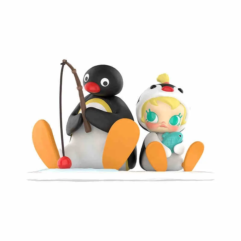 Novo genuíno 10.4cm bebê molly × pingu modelo de tempo de pesca bonito pendurar cartão mesa decoração aniversário crianças presente natal