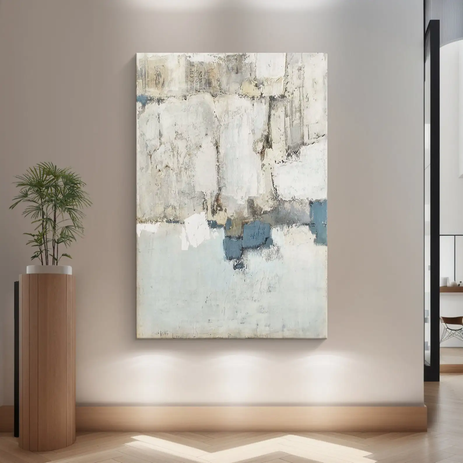 Mhemyo Large Textured Abstract Expressionism Hand Painted Oil Painting Beige White Blue Minimalist Modern Wall Art Home Decor