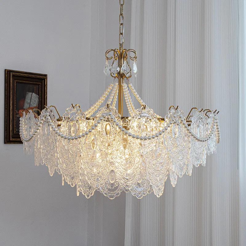 

French Vintage Light Luxury Glass Pendant Light With Pearl Drop Chain 2 Layer Folding For Living Room Dining Bedroom Study