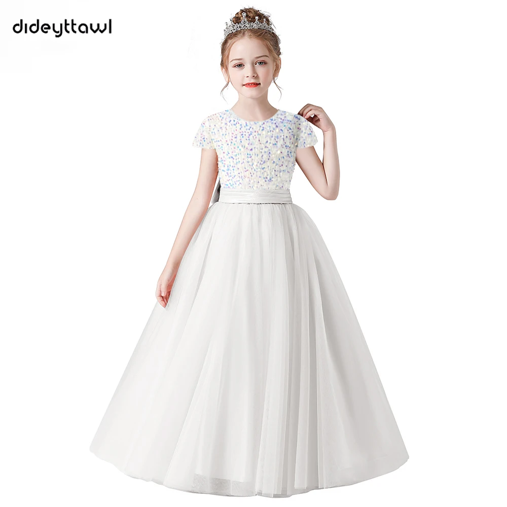 Dideyttawl Customized Sequin Flower Girl Dresses For Wedding Birthday Concert Party Gown Short Sleeve First Communion Princess