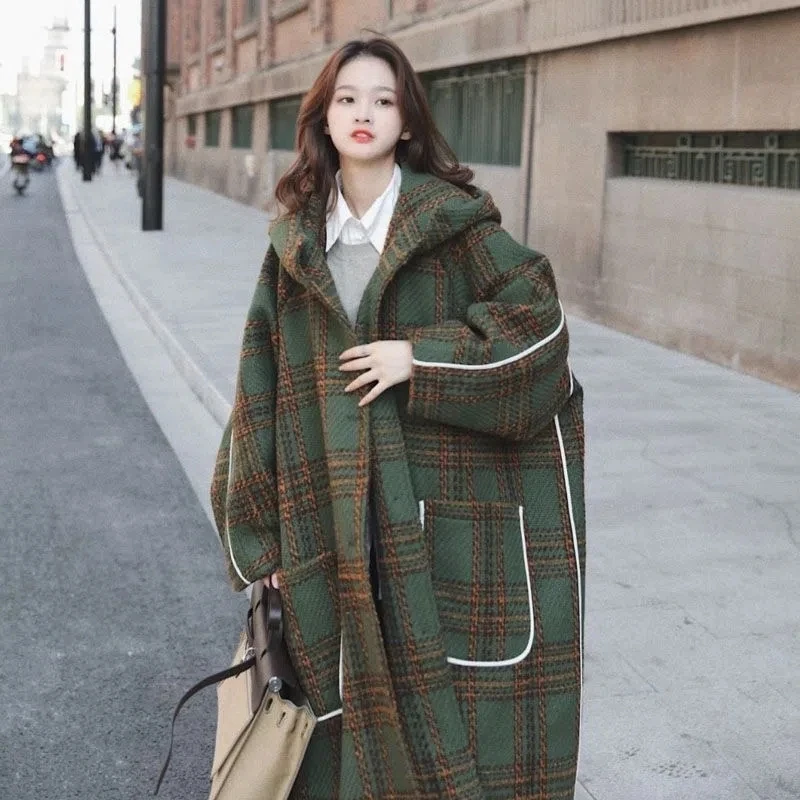 

Женское зимнее пальто больших размеров, утепленное, в ретро-клетку, шерстяное, в корейском стиле, свободного кроя, средней длины, кардиган-платье