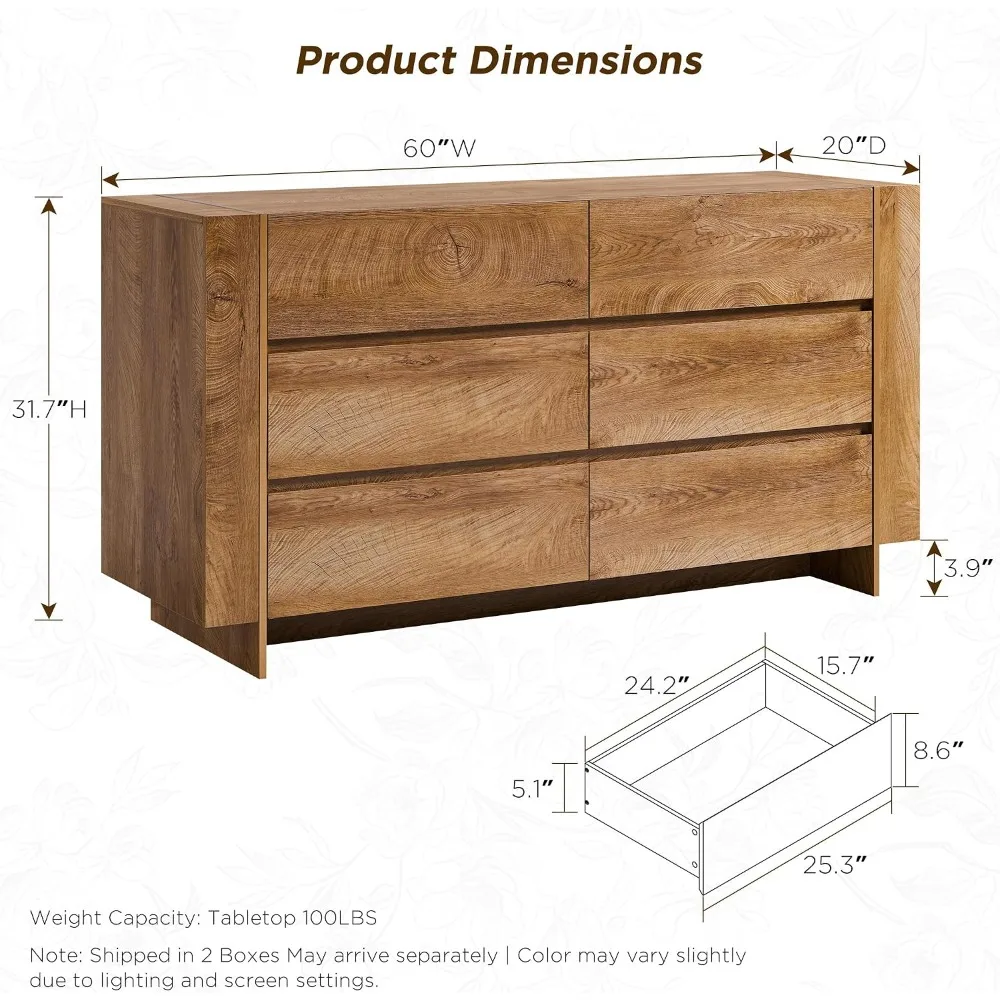 OKD 60 Inch Modern 6 Drawer Dresser for Bedroom, 20 Inch Depth, More Storage Space