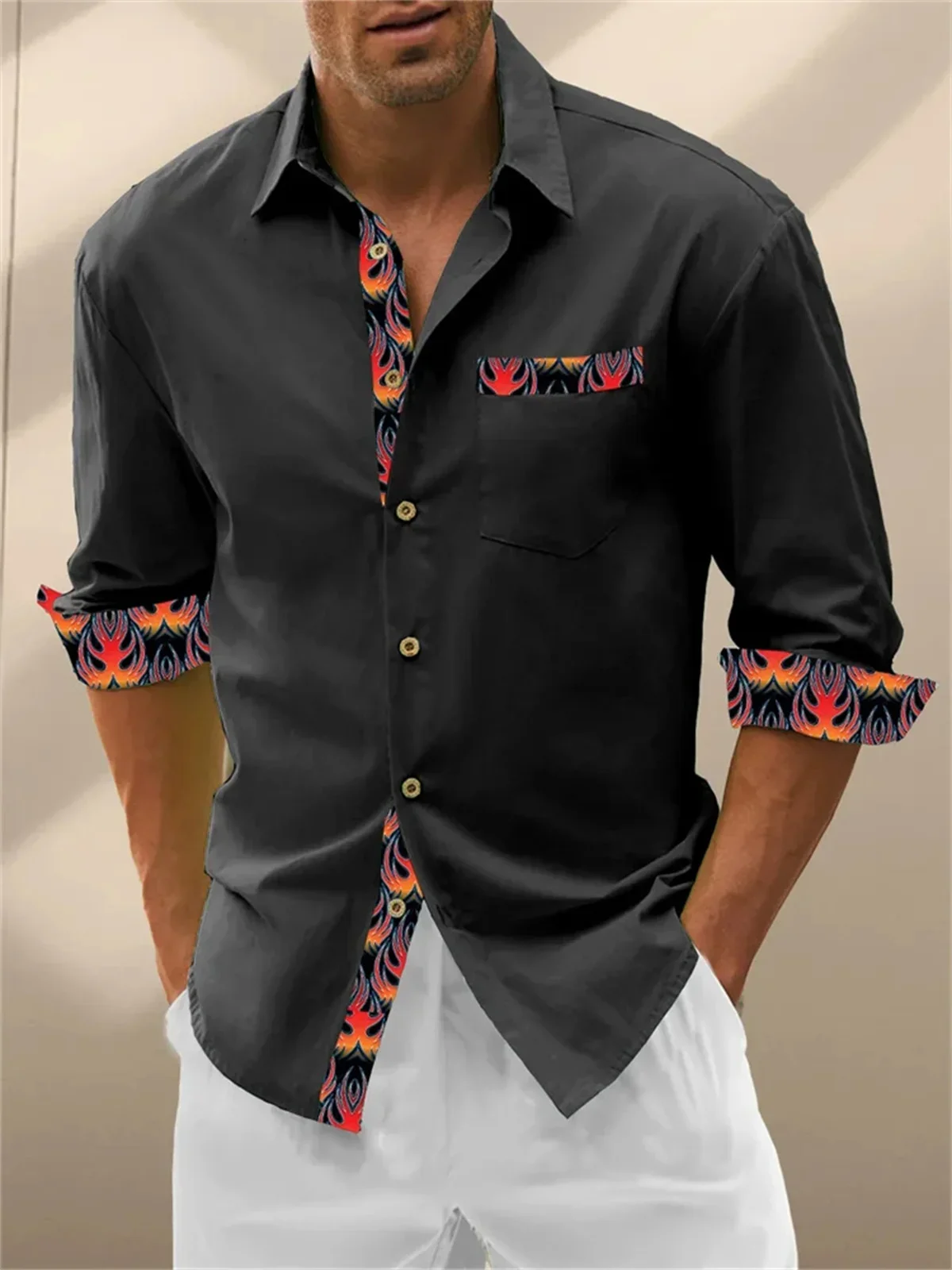 Camisa hawaiana de manga larga con bolsillo de llama para hombre, Camisa estampada con cuello abatible, informal, cómoda y suave, para vacaciones, Tiki, S-6XL, novedad de 2024