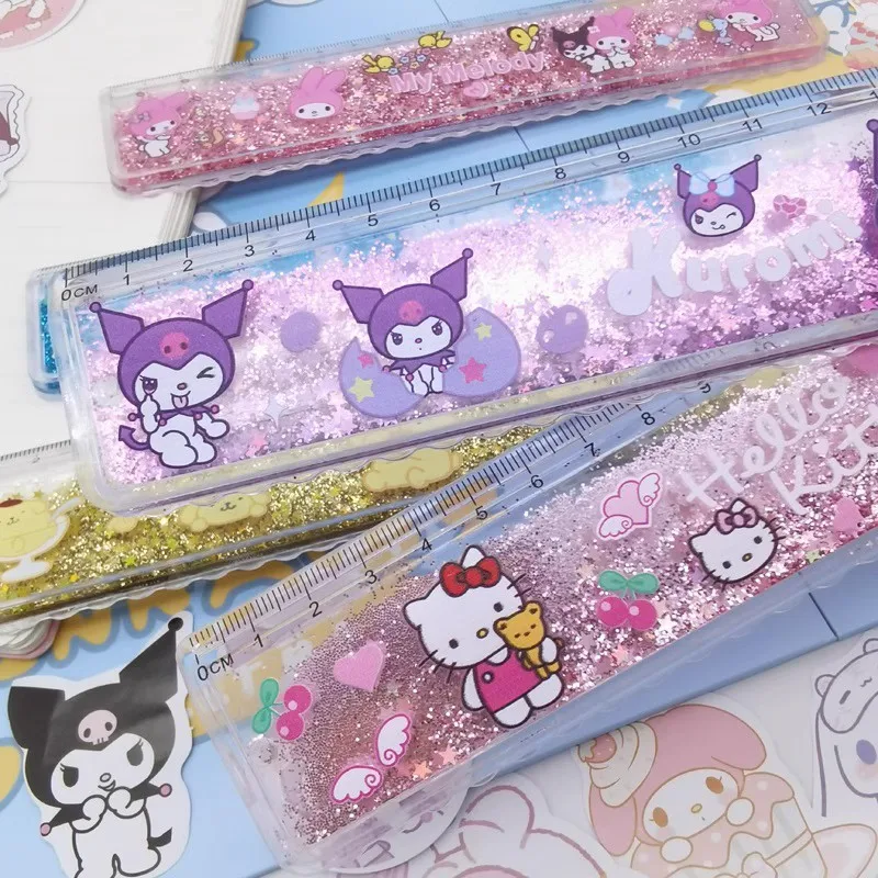 Sanrio Cinnamoroll Hello Kitty Cartoon Flowing Sand Ruler Ruler Kawaii Stationery Learning Supplies Holiday Gifts for Boys Girls