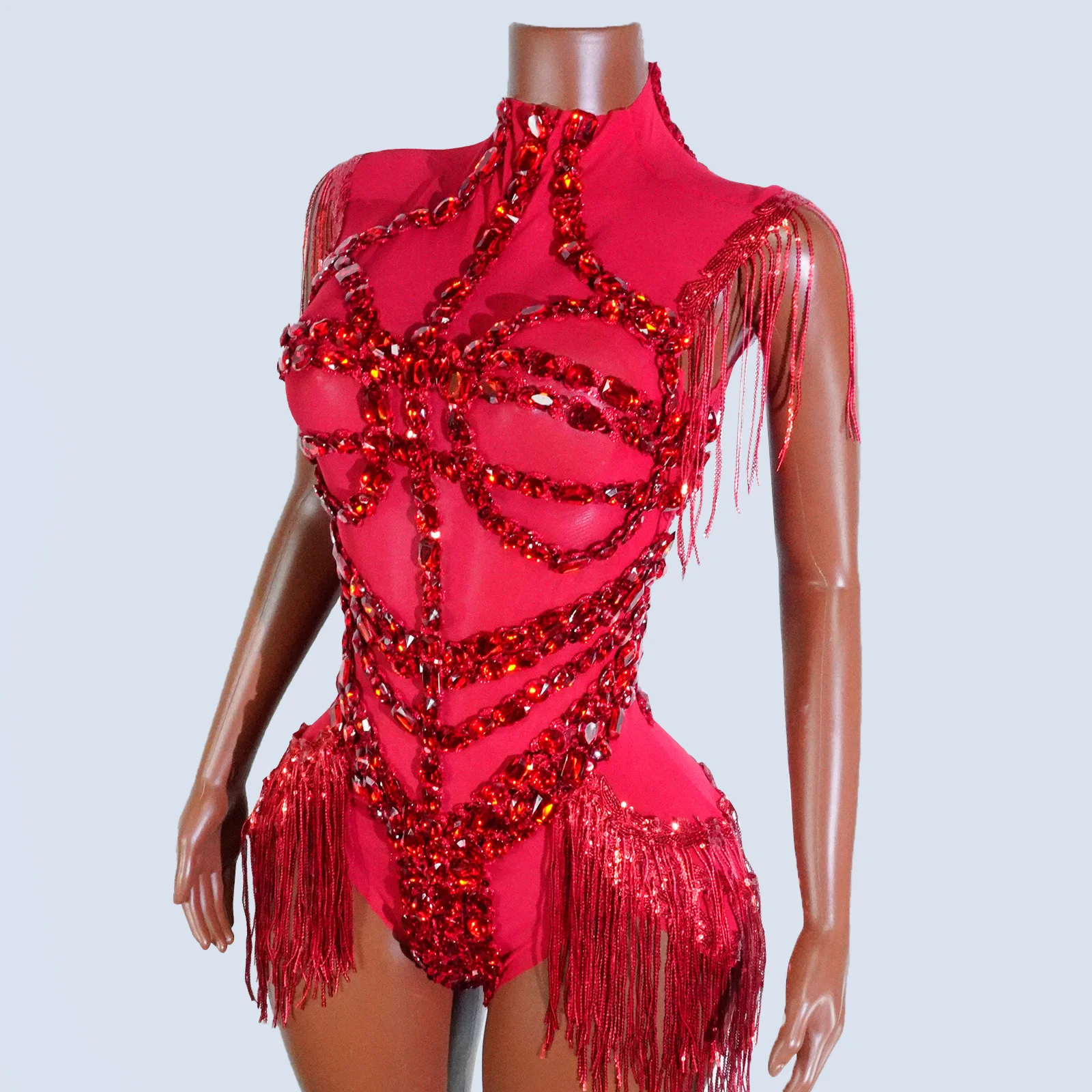 

Show Girl Costume Red Rhinestone Bodysuit Sequin Fringe Sexy Stage Performance Outfit NightClub Pole Dance Clothes Drag Queen Dj