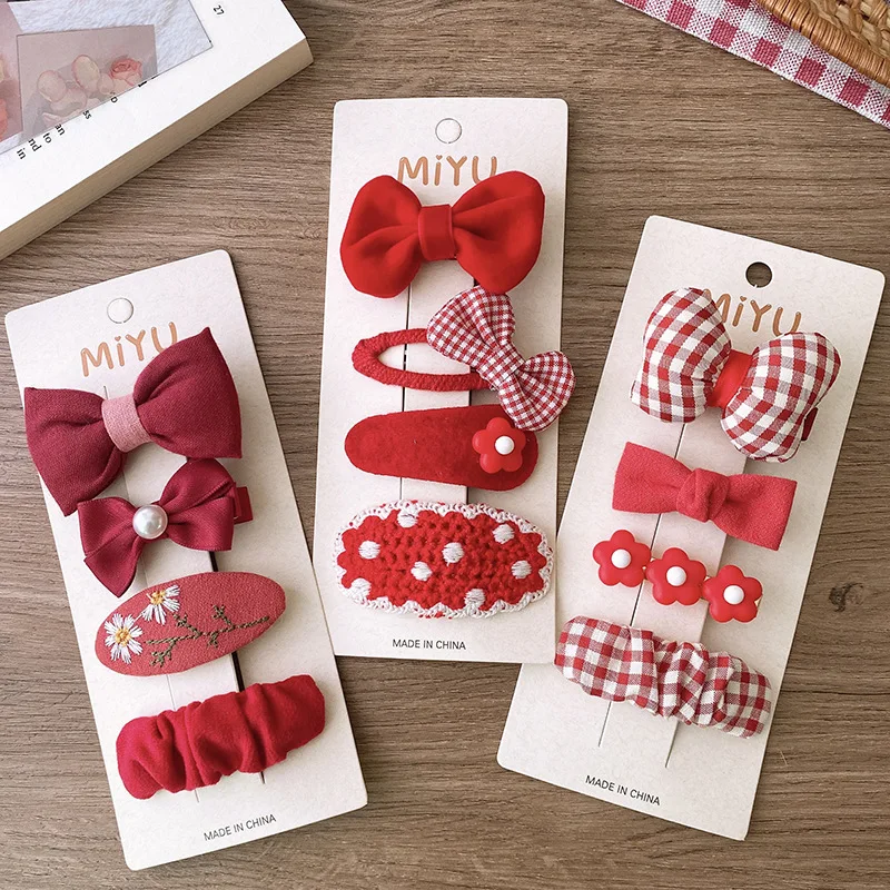 Christmas Hair Clips Sets Girls Xmas Barrettes Red Hair Pins Fabric Bow Plaid Hairgrips New Year Children Hair Accessories 4pcs