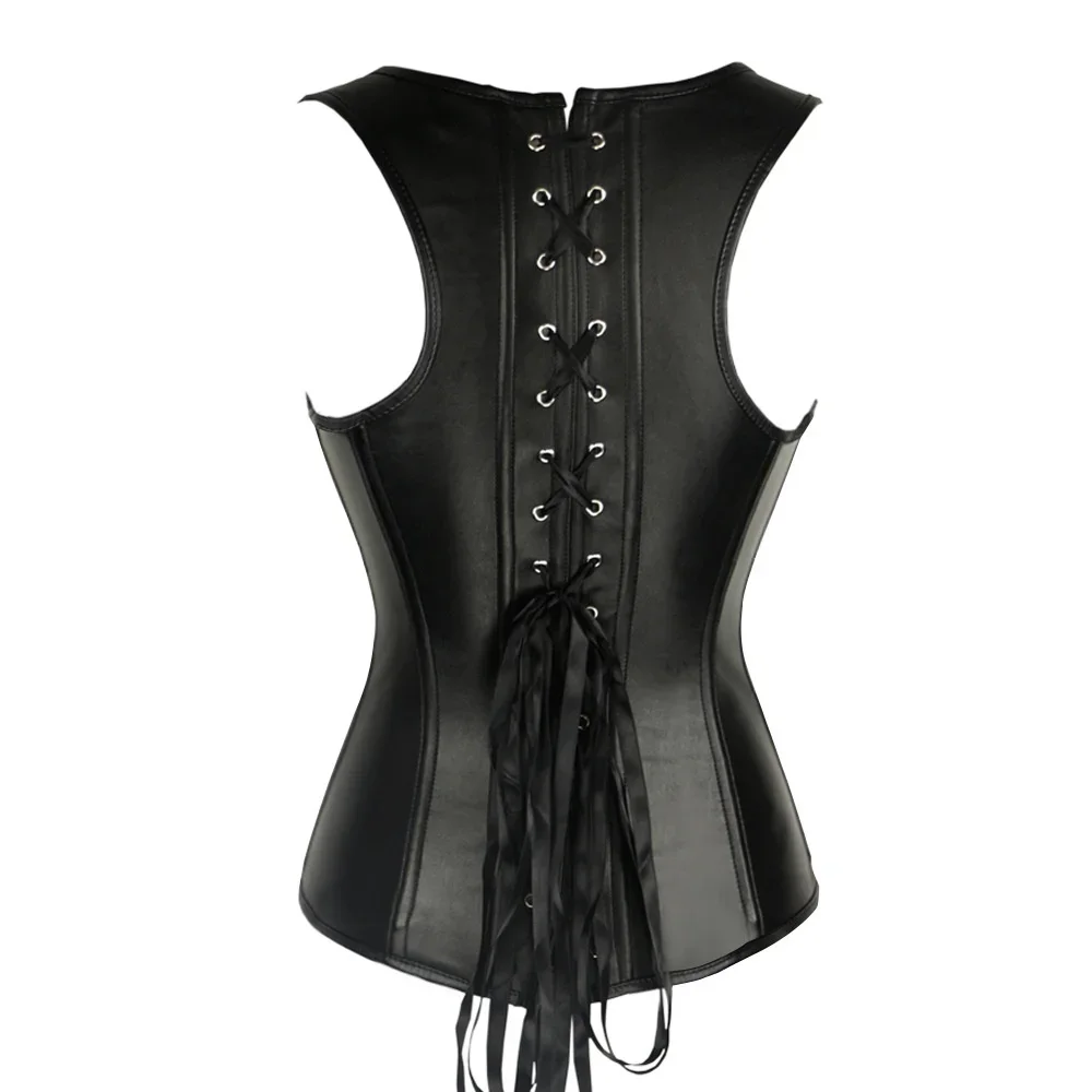 Women Faux Leather Corset Top Shoulder Strap Corselet Black Zipper Buckled Bustier Waist Trainer Vest Steampunk Corset Overbust