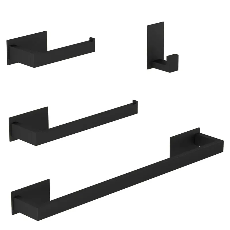 Black Bathroom Hardware Set Self-sticking,  Robe Hook Towel Rail Bar Towel Bar Paper Holder Accessories Set without Nails