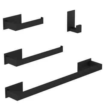 Black Bathroom Hardware Set Self-sticking, Robe Hook Towel Rail Bar Towel Bar Paper Holde