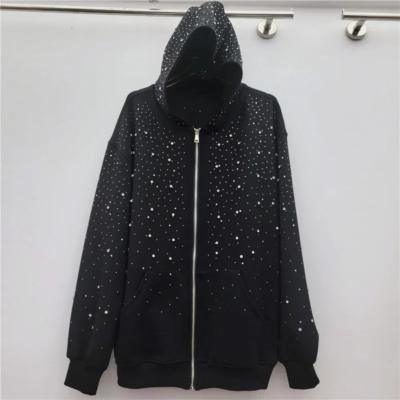

Осень-зима 202, новая женская повседневная толстовка на молнии с длинными рукавами и капюшоном, украшенная стразами и бусинами, повседневная универсальная