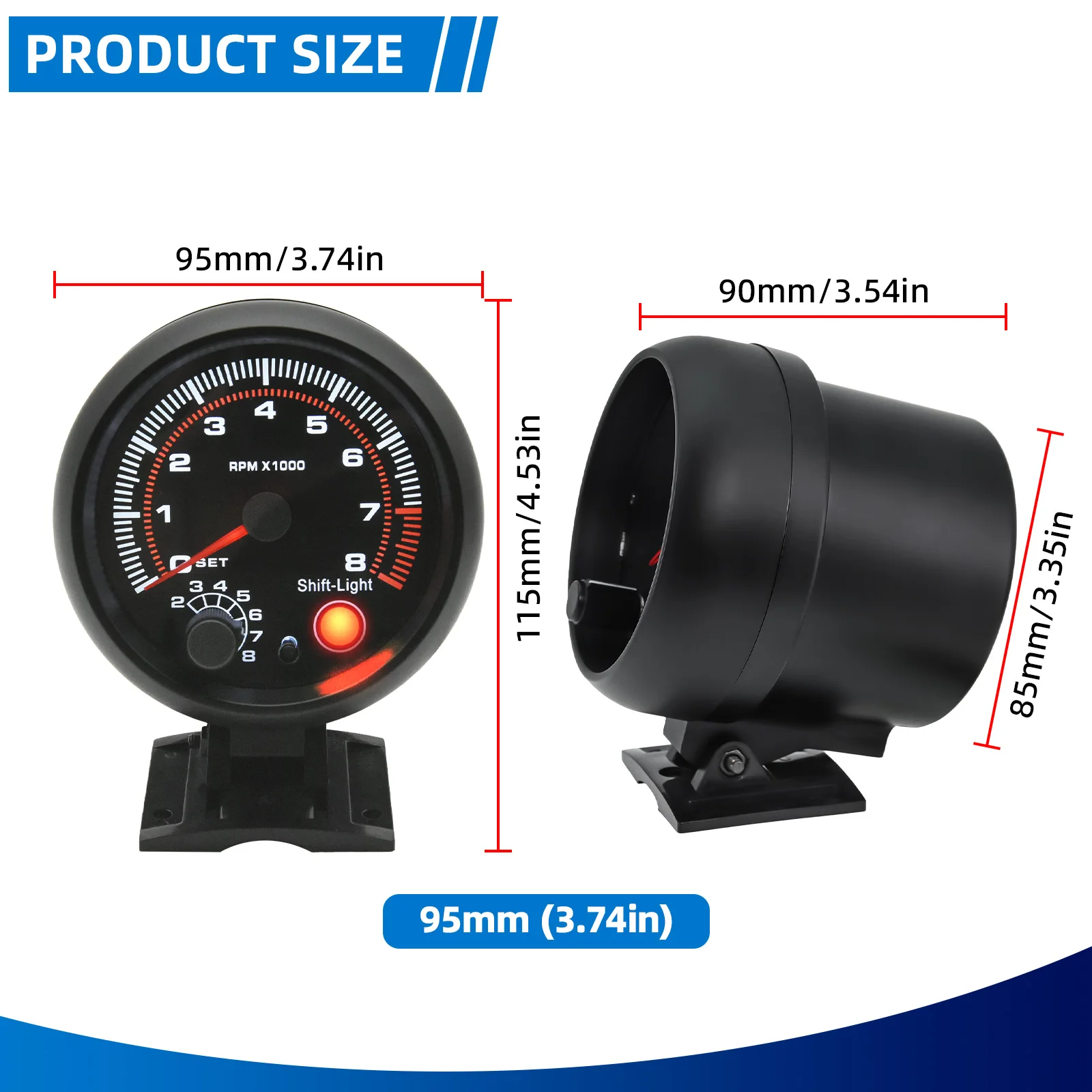 Schwarzer Drehzahlmesser mit Roter Schaltanzeige Universal 3,75 Zoll 95mm 12V Weiße LED Auto 0-8000 U/min Messgerät Tachometer – Detail 3