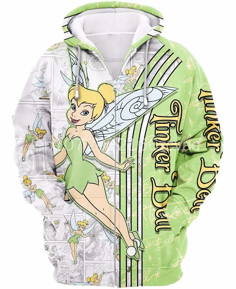 Disney Tinker Bell Punk Words Pattern 3D Hoodie Men's Women's Tinker Bell Florals Hoodie 3D Zip Hoodie Fashion Ladies Sweatshirt