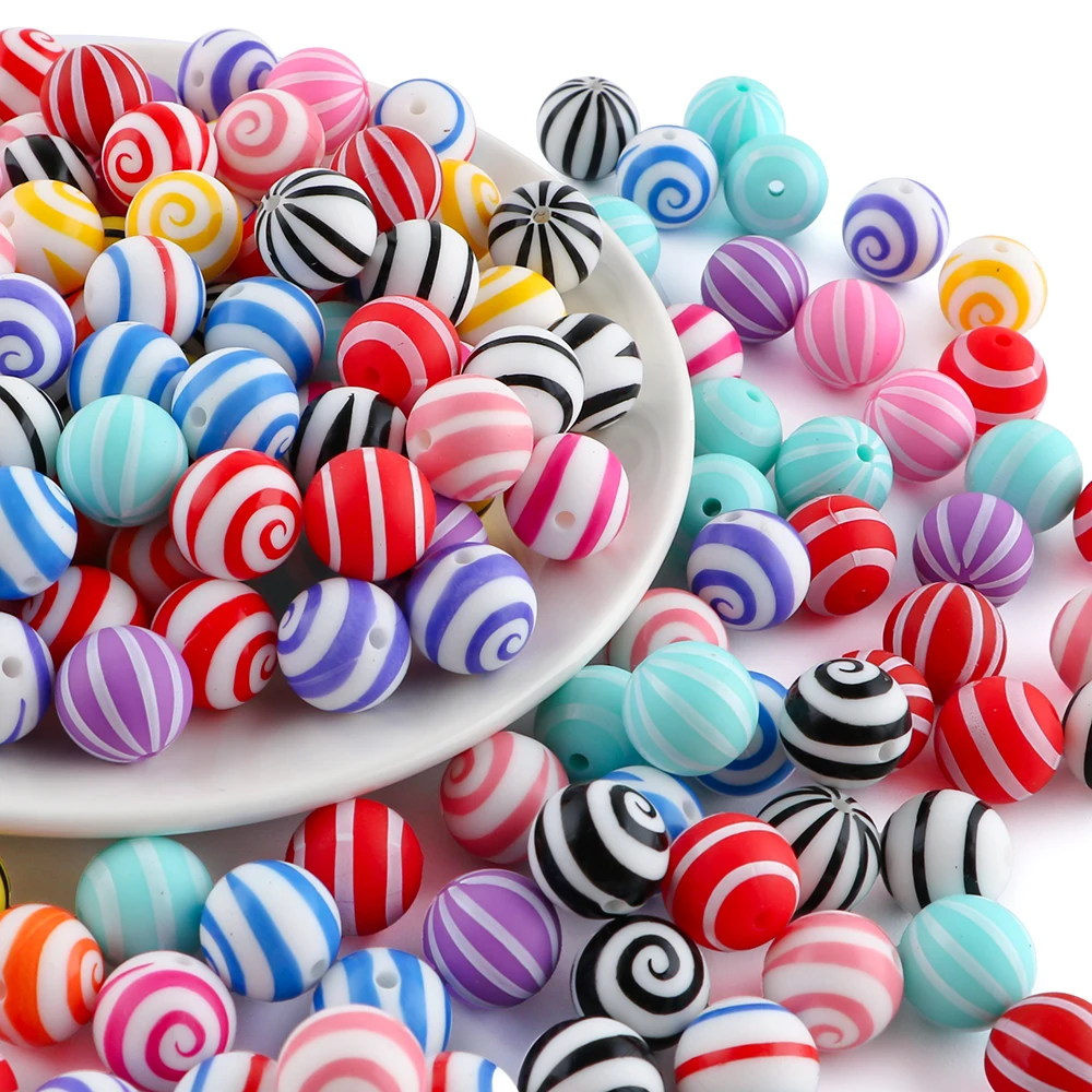 15 piezas de cuentas redondas de silicona de 15mm con estampado de rayas para hacer joyas, collar, pulsera, pendientes, accesorios personalizados DIY