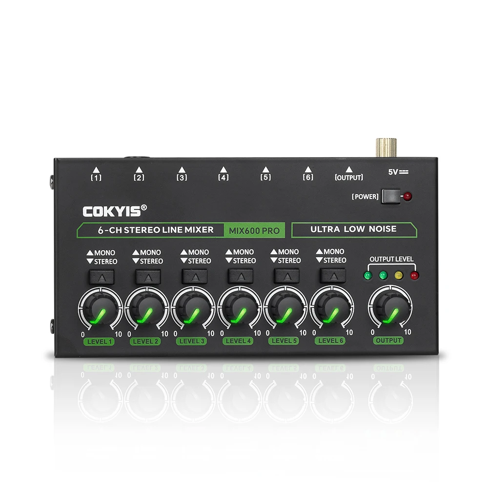 6 Kanaals Ultra Low Noise Stereo Lijn Mixer Mini Professionele Geluidsmixer met RGB Licht DC5V Eenvoudige Bediening Audios Mixer