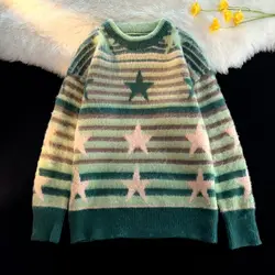 Y2K Star Sweater Women Harajuku Striped Knitted Pullovers Jumpers Female Tops Oversize Purple Green Streetwear Hip Hop