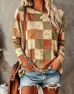 Women's Boho Tribal Top Orange Green Geometric Print Long Sleeve T Shirt