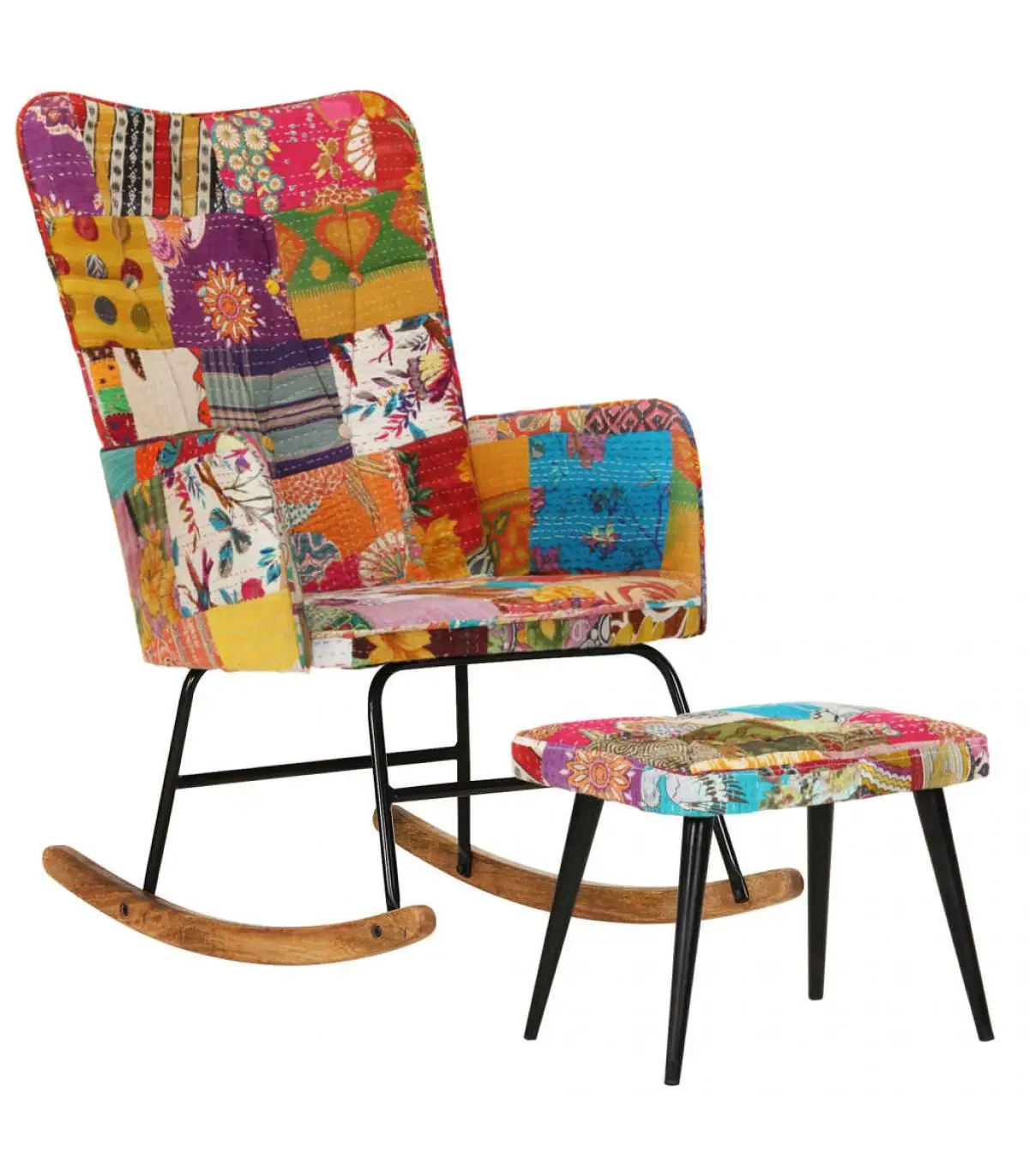 Rocking chairs with multicolor patchwork canvas stool