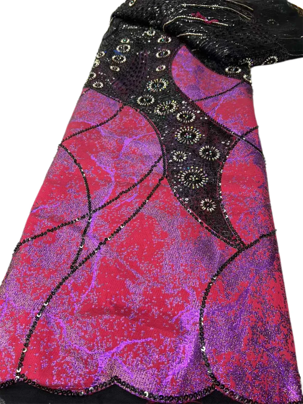 

Hot Sale Bead Sequins Nigerian Brocade Jacquard Lace Fabric Pure African 5Yards Fashion Embroidered For Women Sewing Prom Dress