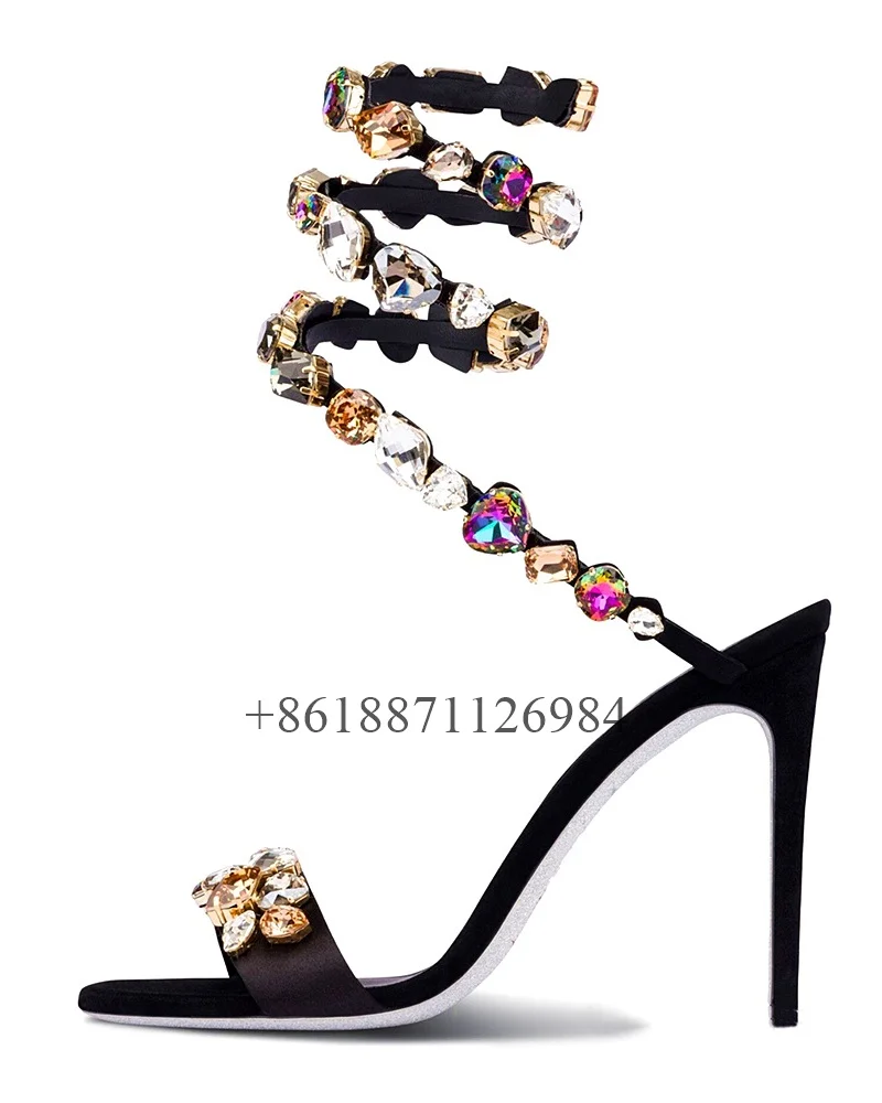 

Round Toe Cross-Strap Summer Women Sandals with Rhinestone Stiletto High Heels Snake Shaped Winding Design Large Size Shoes