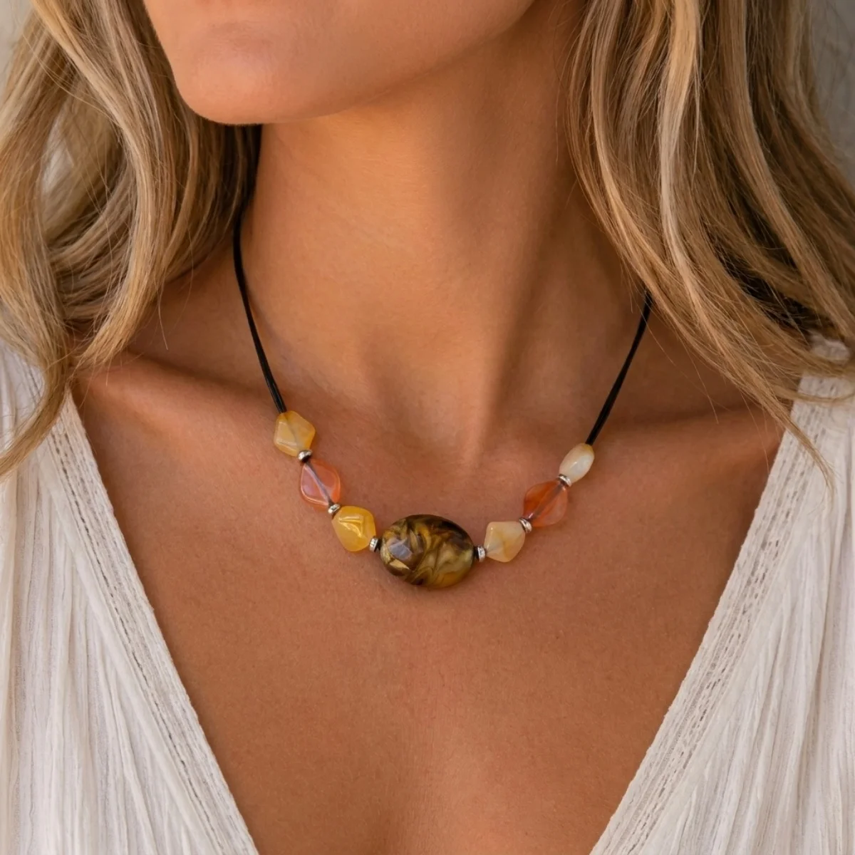 Ästhetische Boho-Halskette mit unregelmäßigen Acrylperlen und schwarzem Seil für Damen und Herren, Retro-Handarbeit, geometrischer Choker, Partyschmuck – Detail 21