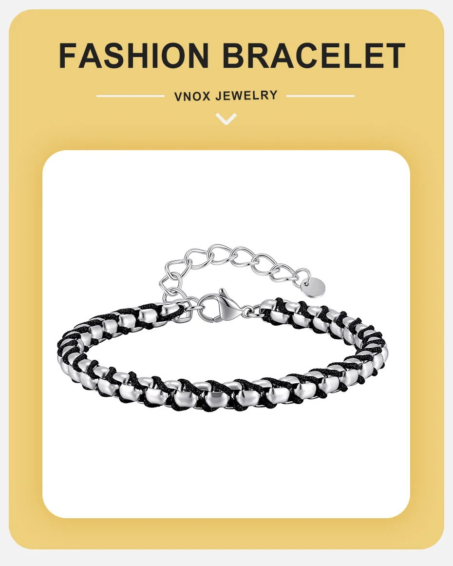 Vnox Edelstahl-Kastenkette Geflochtenes Schwarzes Seil-Armband, Verstellbares Gliederarmband Punk Hip-Hop Schmuck Geschenk für Männer – Detail 1