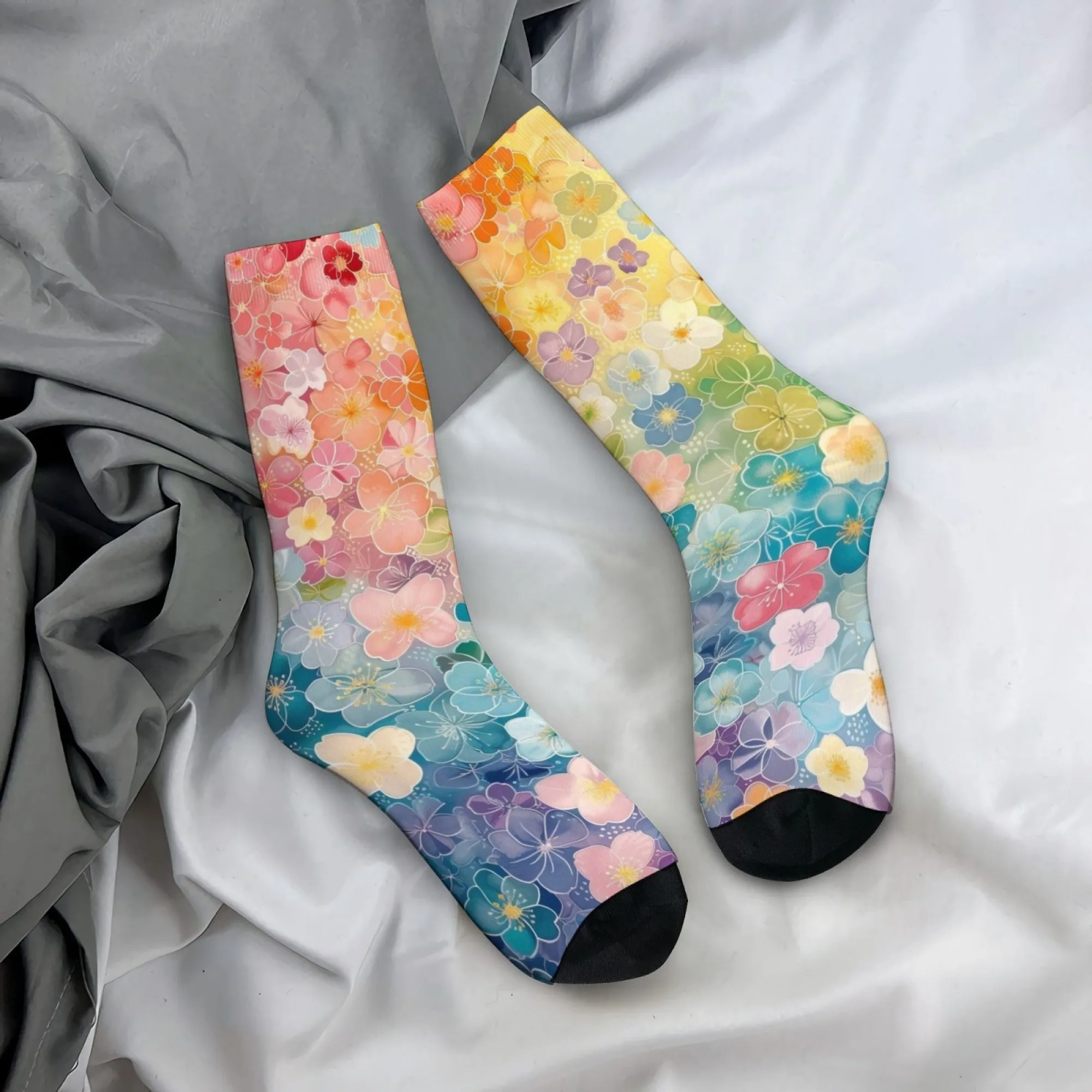 

Rainbow Gradient Floral Men's Socks Comfortable Non-Slip Outdoor Casual Fashion Socks Novelty Funny Happy Crew Socks Party Gift