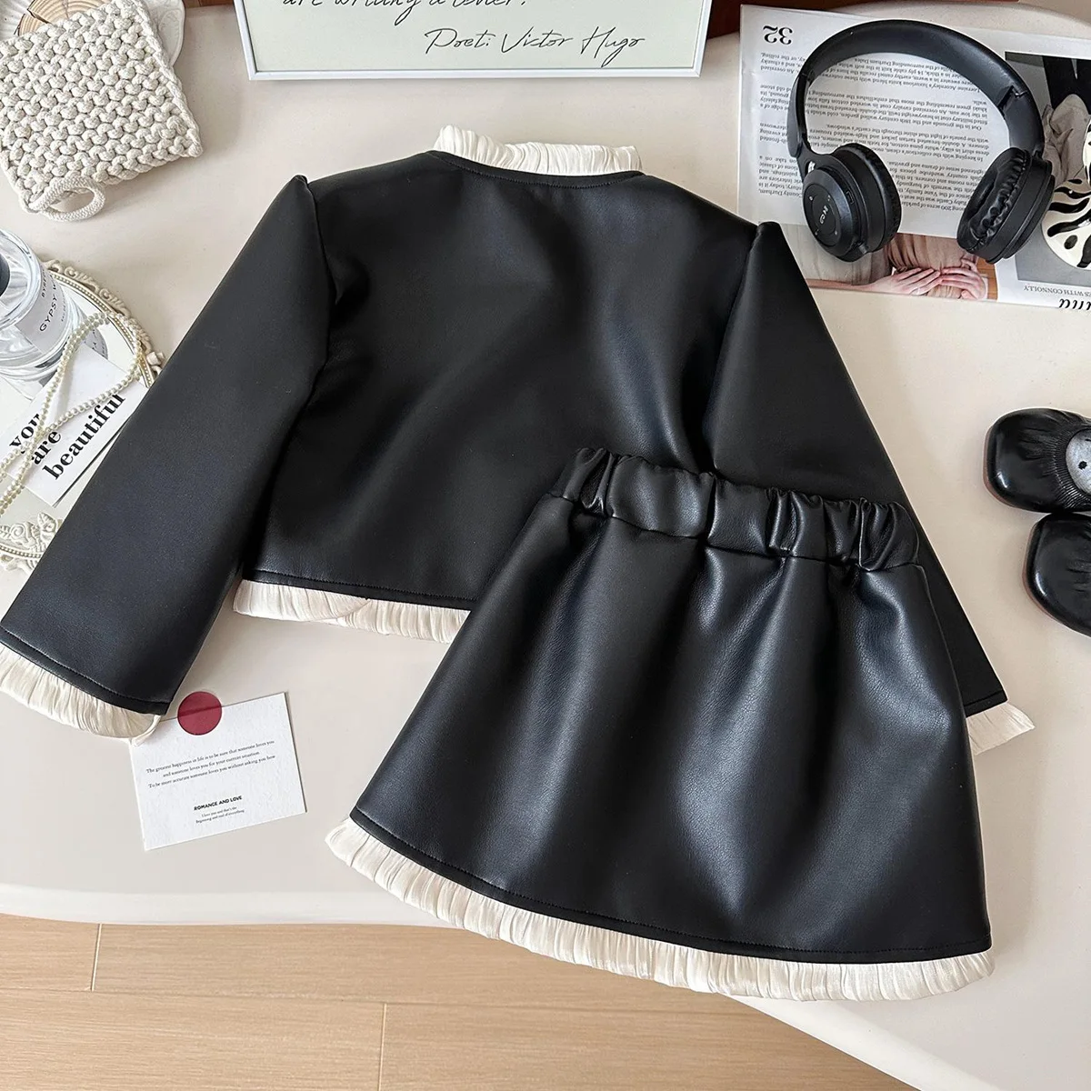 

Кружевные пальто, куртки + юбки, элегантный детский комплект одежды из 2 предметов на день рождения, модный комплект одежды из искусственной кожи для маленьких девочек на осень и зиму 2025