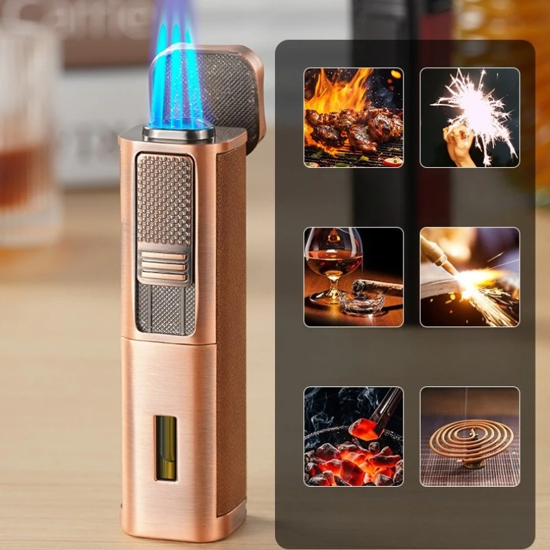 Genuine Leather Windproof 3 Jet Blue Flame Butane Gas Torch Lighter Visible Gas Window Cigar Diamond Cigar Special Lighters Gift - view 5