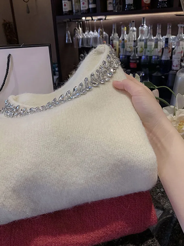 

Faionable Knitted Sweater with Diamond Embelliment Heavy-Work Design Casual Comfortable Loose Long-Sve Overhead Sle