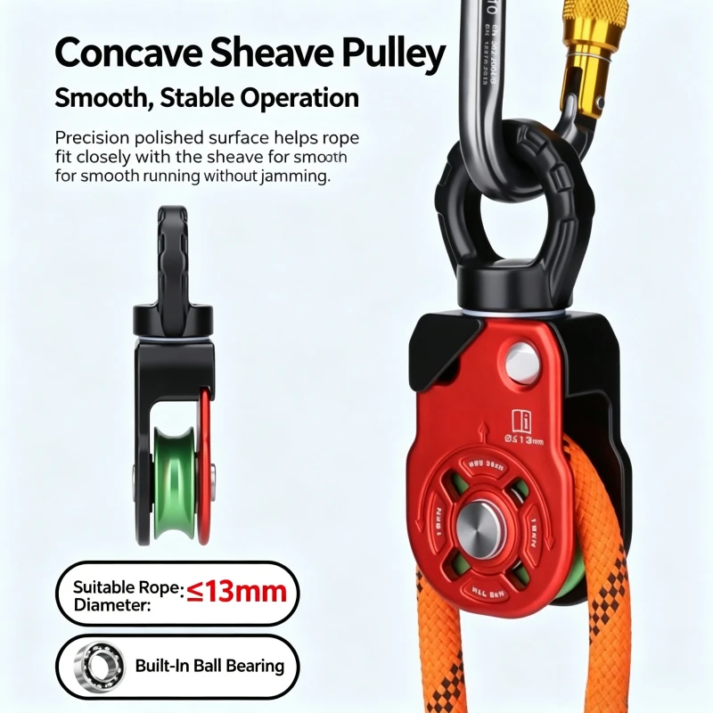 360° Swivel Climbing Pulley Single Sheave Universal Rope Pulley Anti-Twist Side Plate for Outdoor Rock Climbing Rescue Gear