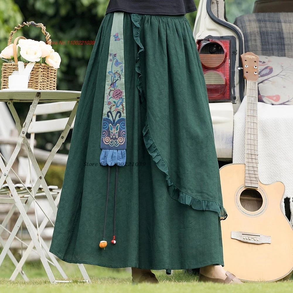 2025 traditional chinese vintage skirt national flower embroidery skirt elegant folk dance suit oriental ethnic a-line skirt