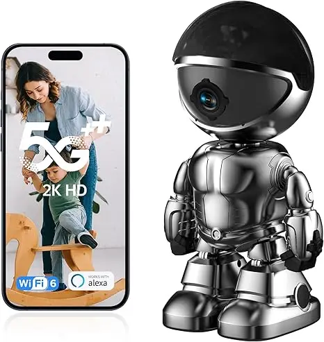 Caméra WiFi 2K HD Double Bande 5G/2.4G, Robot Caméra pour Animaux avec Détection Mouvement + Alarme, Talkie-Walkie, Vision Nocturne Couleur, Nanny Cam Compatible Alexa（Noir）