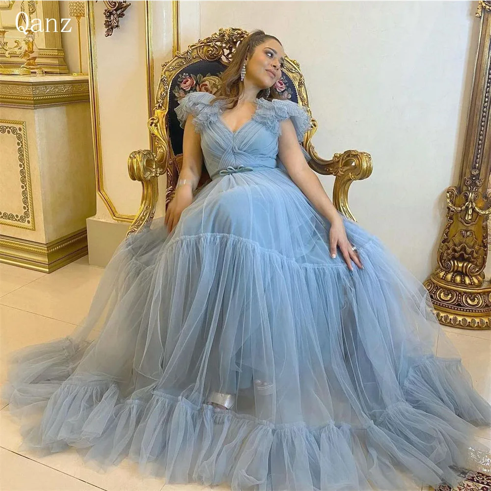 Qanz Dirty Blue Elegant Evening Dresses Long A Line Tulle Formal Occasion Dresses V Neck Ruched Arabic Dresses For Women Weddin