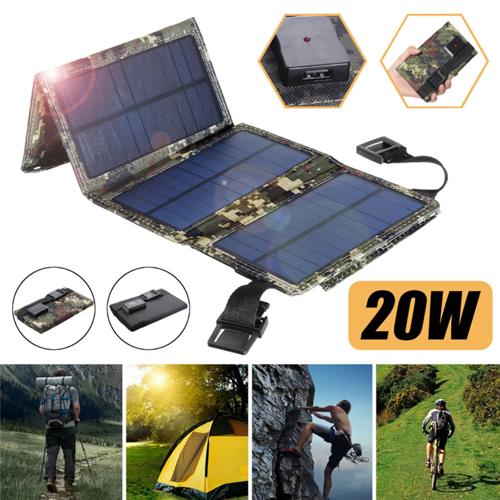 Waterproof 20W 5V Foldable USB Solar Panel Cells Mobile Phone Battery Charger