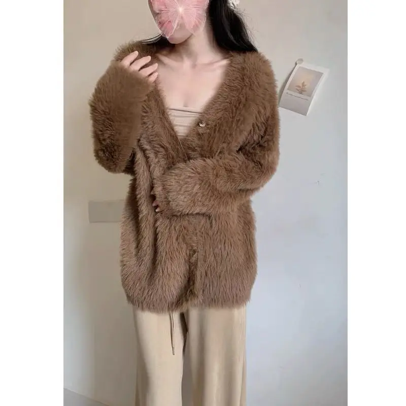 Gaganight Women V neck Solid Color Sweater Cardigan 2023 Autumn Winter Gentle Style Soft Imitation Mink Wool Knitted Jacket Top