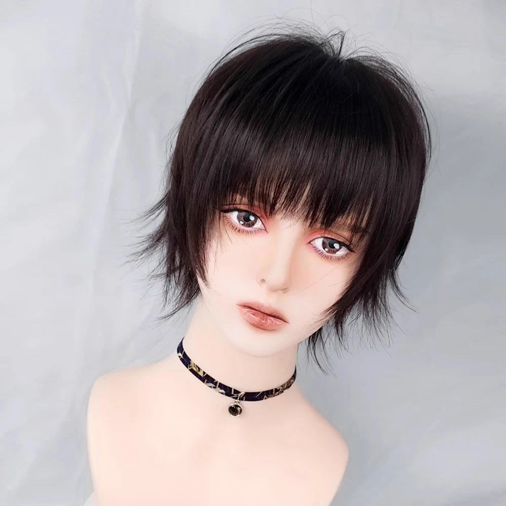 GAKA Black Brown Short Straight Synthetic Men Women Wig with Bangs Anime Cosplay Nature Hair Wig for Daily Party