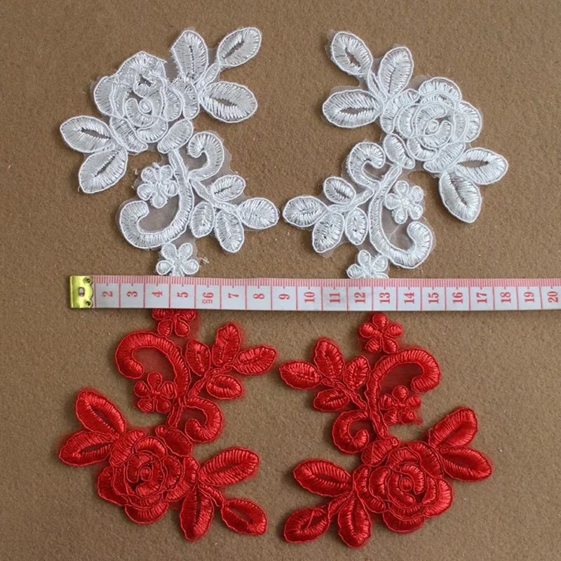 Applique in pizzo ricamato, bianco reale e rosso, accessori in pizzo fai da te, vendita calda, 10.5x8.5cm, 5 paia, 10 pezzi