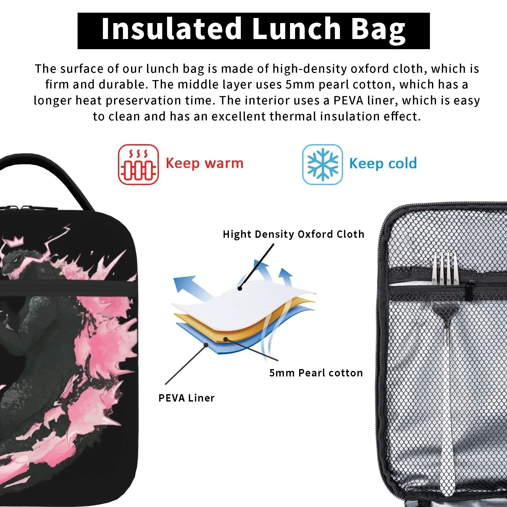 1 Piece Zipper Closure Pink Spine Storage Bag Pocket Godzilla  School Lunch Food Box Reusable For Lunch Food Bag view 5